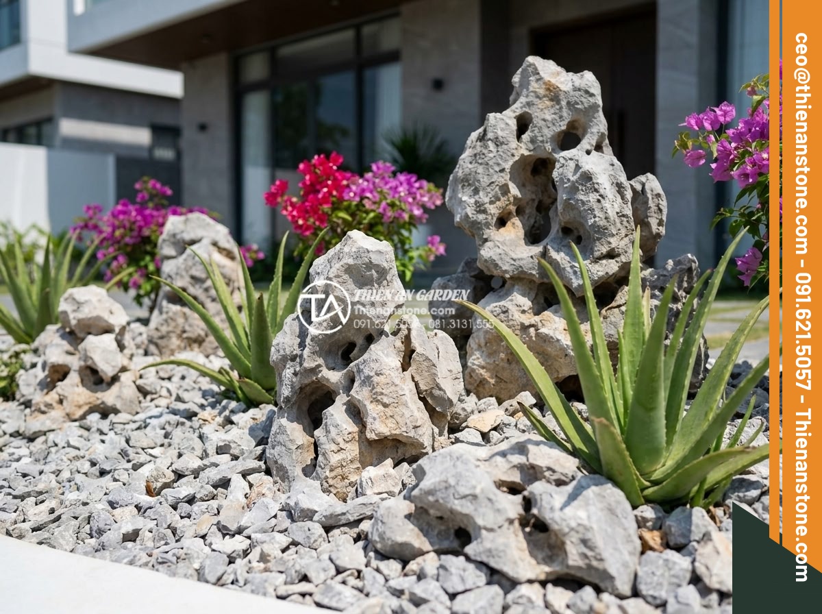 Top 7 loại cây bền bỉ, dễ chăm sóc nhất cho tiểu cảnh sân trước nắng gắt - Close-up realistic image of a modern Vietnamese villa front yard small landscape