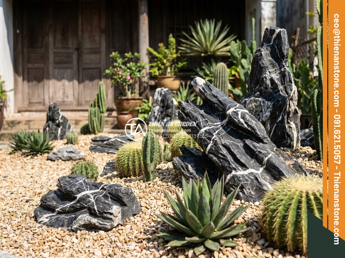 Top 7 loại cây bền bỉ, dễ chăm sóc nhất cho tiểu cảnh sân trước nắng gắt - Detailed realistic photograph of a rock garden style small front yard landscape 