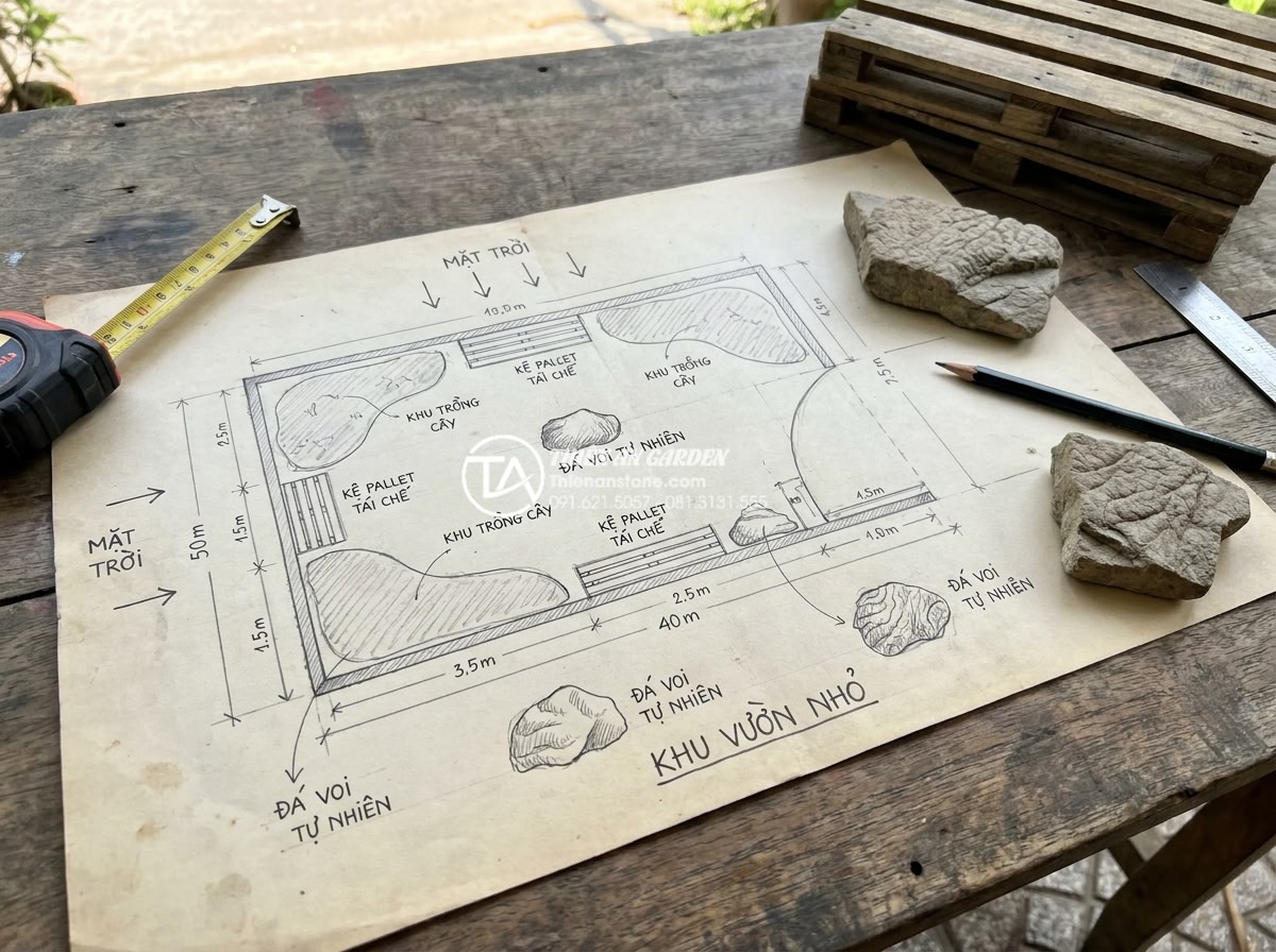 Tự làm tiểu cảnh nhỏ trước nhà bằng vật liệu tái chế và đá tự nhiên - Detailed architectural sketch and planning photo showing measurement of small fr