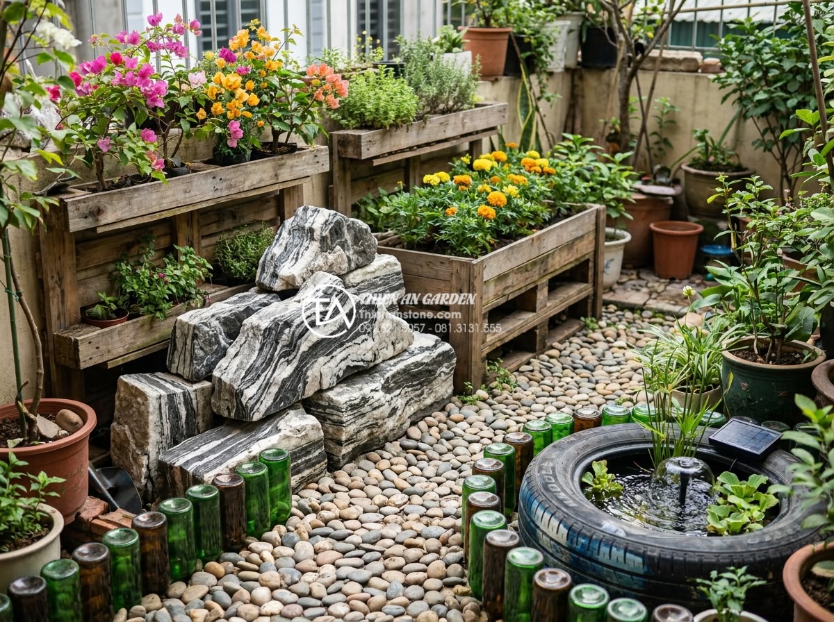 Tự làm tiểu cảnh nhỏ trước nhà bằng vật liệu tái chế và đá tự nhiên - Vibrant photo of integrated recycled and natural elements in finished DIY garden