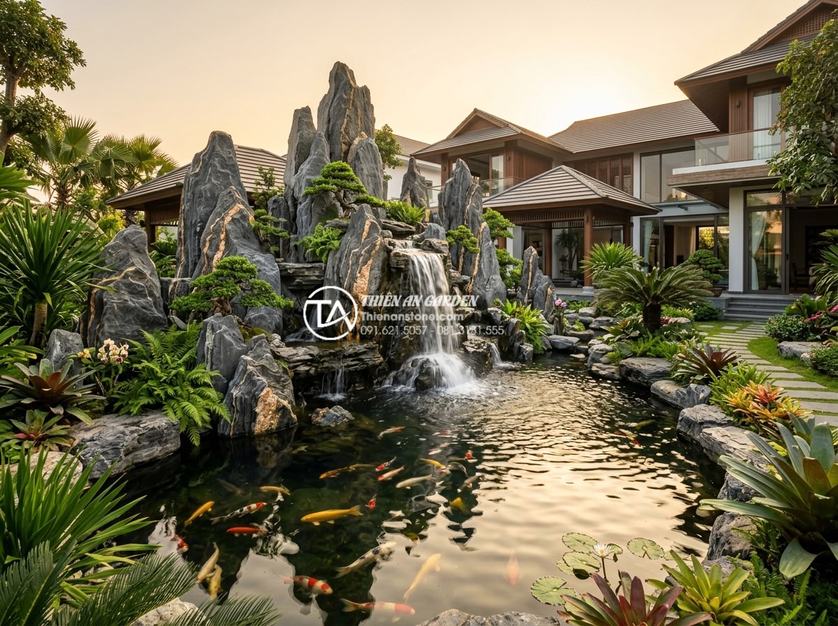 Ứng dụng đá Thạch Anh trong chế tác non bộ: Tăng năng lượng cho ngôi nhà - Wide angle view of elegant non-bo rock garden featuring multiple large clear qua