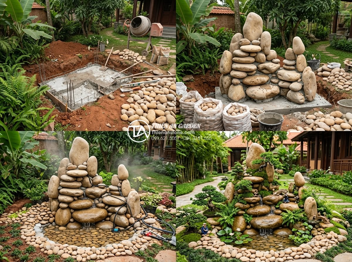 Ứng dụng đá Thạch Anh trong chế tác non bộ: Tăng năng lượng cho ngôi nhà - Step-by-step construction process of quartz non-bo: foundation pouring, crystal 