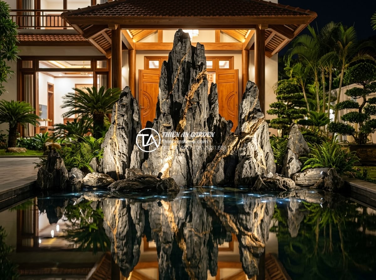 Ứng dụng đá Thạch Anh trong chế tác non bộ: Tăng năng lượng cho ngôi nhà - Final hero shot of magnificent completed quartz non-bo at luxury villa entrance,