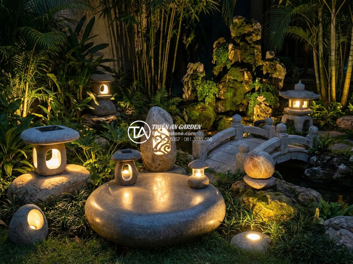 Ứng dụng đèn đá và ánh sáng trong trang trí tiểu cảnh trước nhà ban đêm - Highly detailed realistic photograph of various types of decorative stone lamps 