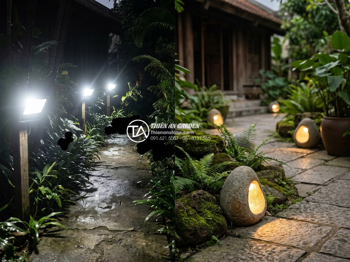 Ứng dụng đèn đá và ánh sáng trong trang trí tiểu cảnh trước nhà ban đêm - Before and after comparison photograph of common mistakes in garden lighting, le