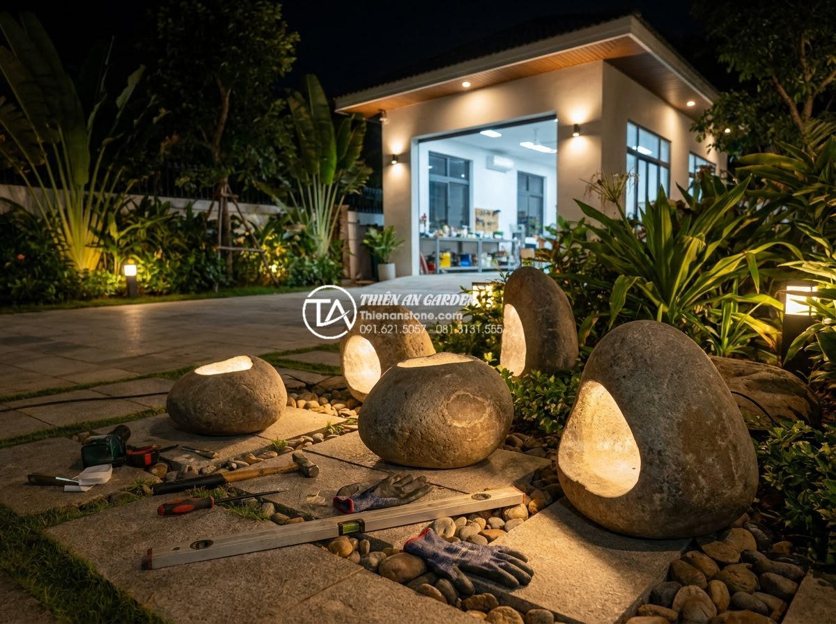 Ứng dụng đèn đá và ánh sáng trong trang trí tiểu cảnh trước nhà ban đêm - Professional team photo of Đá Cảnh Thiên An experts installing beautiful stone l