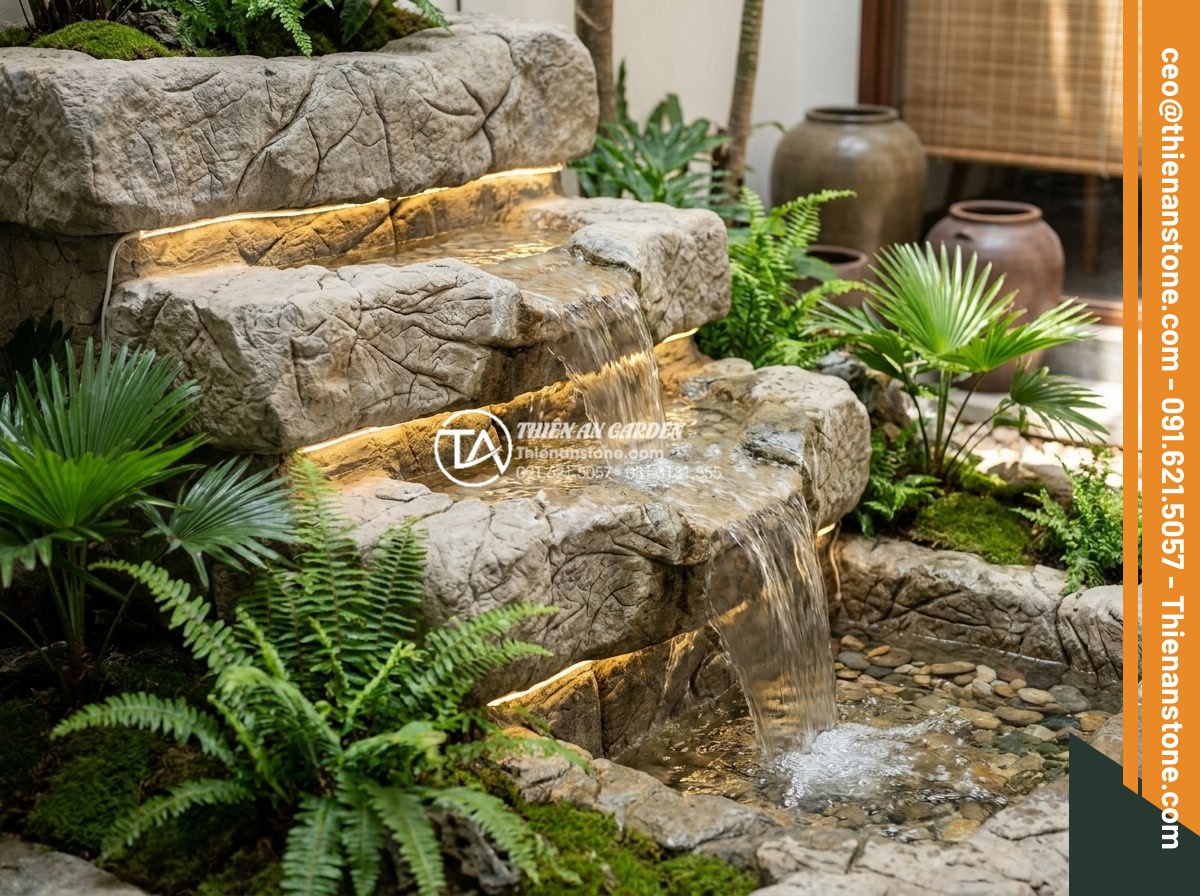 Ứng dụng thác nước mini trong tiểu cảnh trước nhà ống để giảm tiếng ồn - Close-up professional photograph of a custom mini waterfall in a compact Vietnam
