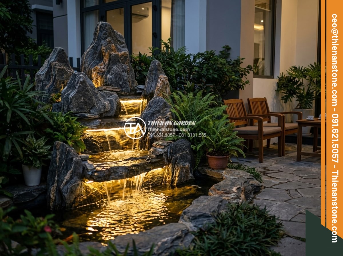 Ứng dụng thác nước mini trong tiểu cảnh trước nhà ống để giảm tiếng ồn - Beautiful evening view of a Vietnamese townhouse front yard mini waterfall with 