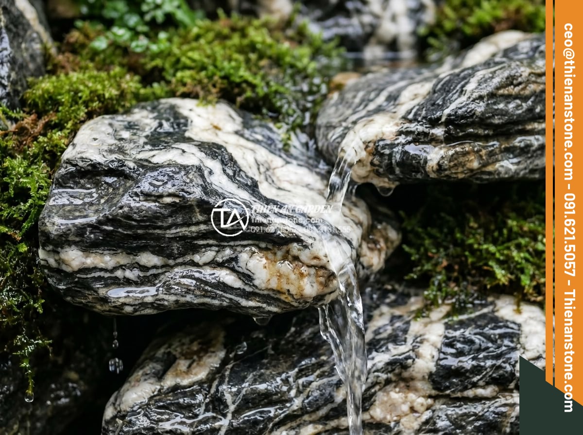Ứng dụng thác nước mini trong tiểu cảnh trước nhà ống để giảm tiếng ồn - High-detail close-up photograph of various natural stone samples used for mini w