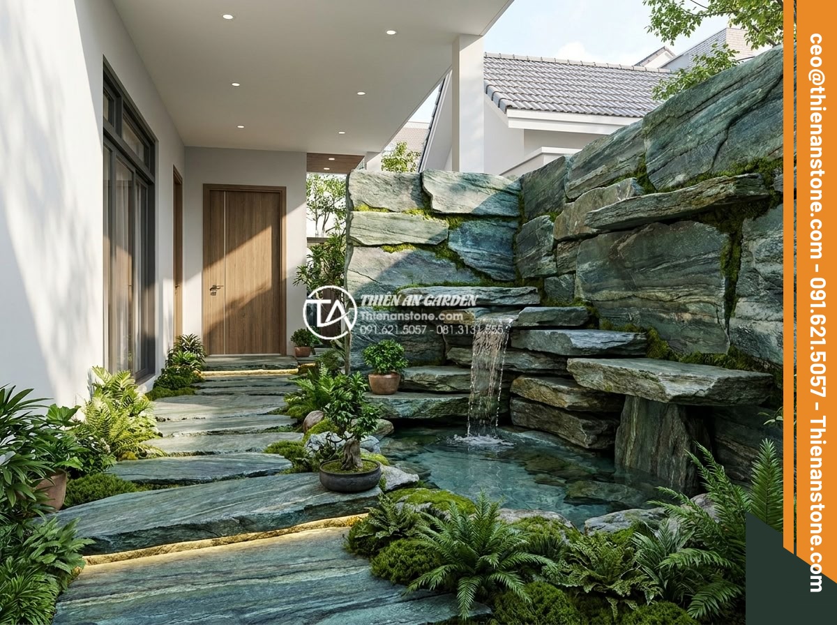 Ứng dụng thác nước mini trong tiểu cảnh trước nhà ống để giảm tiếng ồn - 3D rendering style realistic image of a custom-designed mini waterfall in a narr