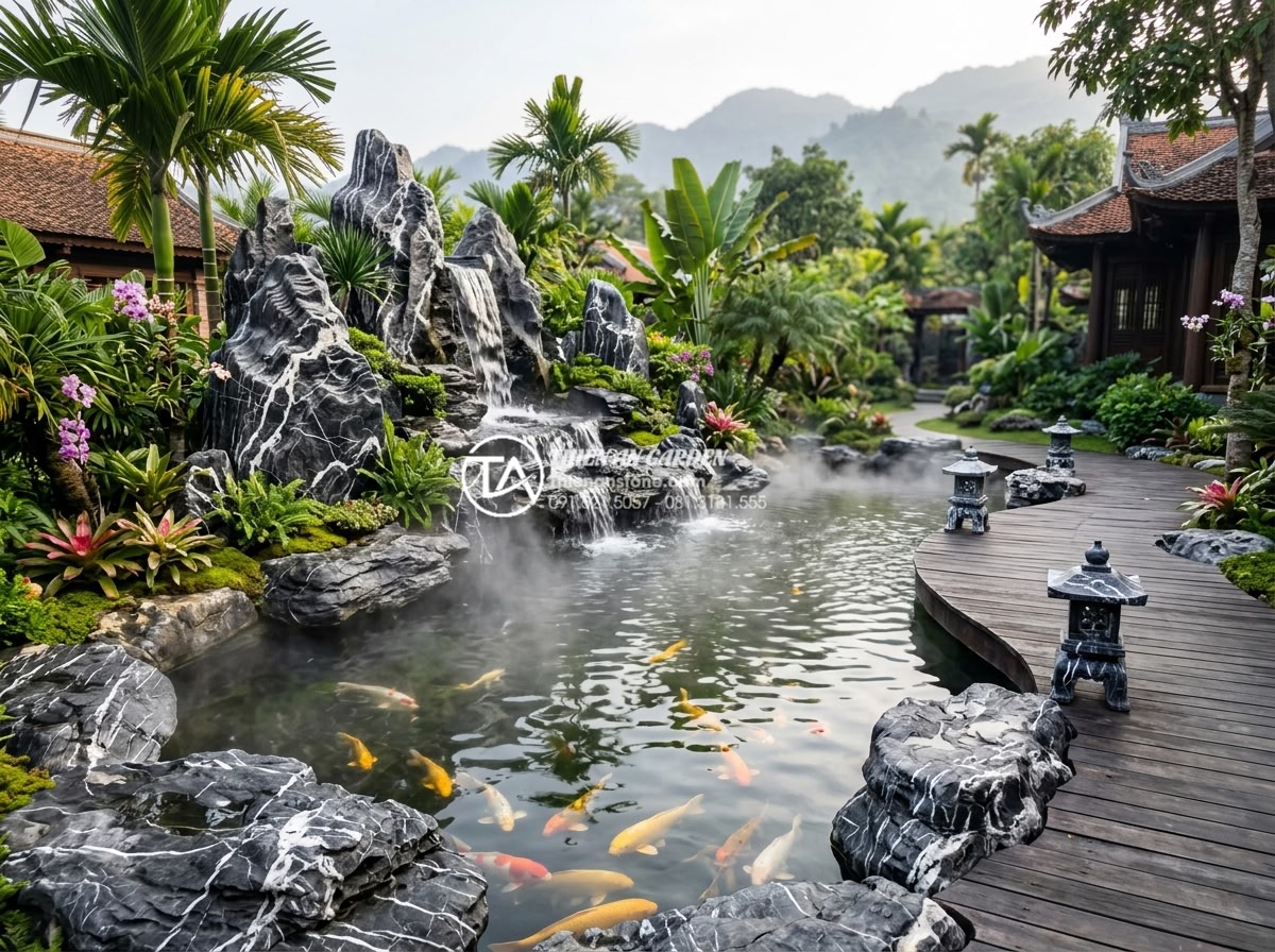 Xu hướng thiết kế tiểu cảnh hồ cá kết hợp thác nước đá tự nhiên 2026 - Hình 3 Xu hướng thiết kế tiểu cảnh hồ cá kết hợp thác nước đá tự nhiên 2026 - Wide angle professional photo of an elegant 2026 luxury resort garden in Vietnam