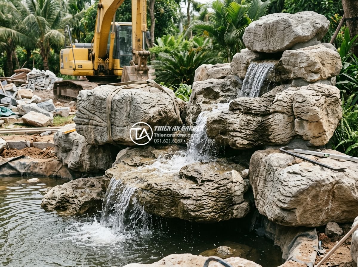 Xu hướng thiết kế tiểu cảnh hồ cá kết hợp thác nước đá tự nhiên 2026 - Hình 5 Xu hướng thiết kế tiểu cảnh hồ cá kết hợp thác nước đá tự nhiên 2026 - Step-by-step professional construction photography showing expert craftsmen from