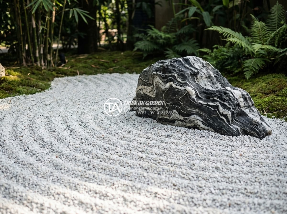Xu hướng tiểu cảnh đá khô (Zen Garden) cho sân trước nhà phố 2026 - Technical close-up of professional gravel raking technique in a dry stone garden