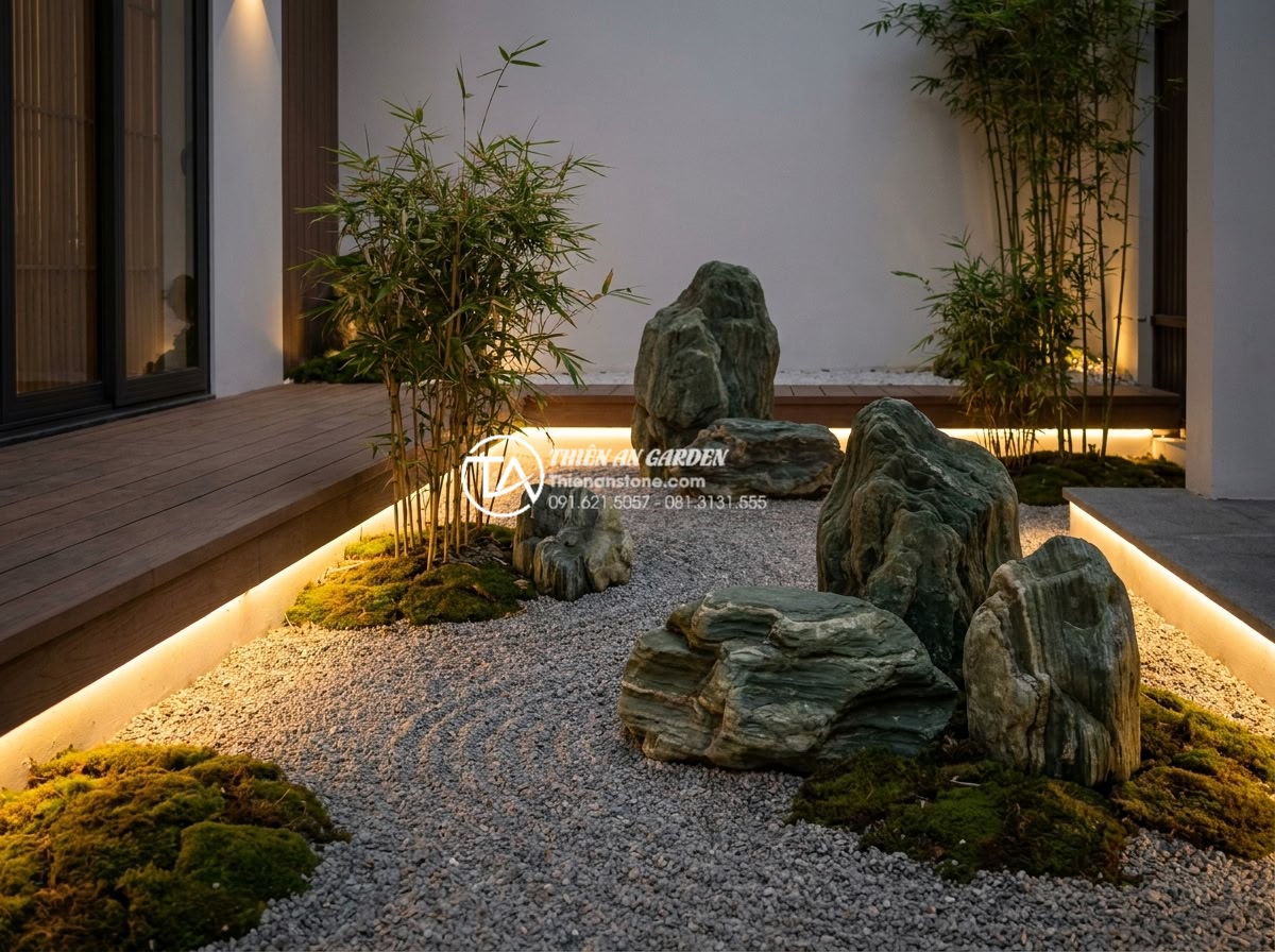 Xu hướng tiểu cảnh đá khô (Zen Garden) cho sân trước nhà phố 2026 - Beautifully integrated Zen dry garden with drought-tolerant bamboo and moss acce