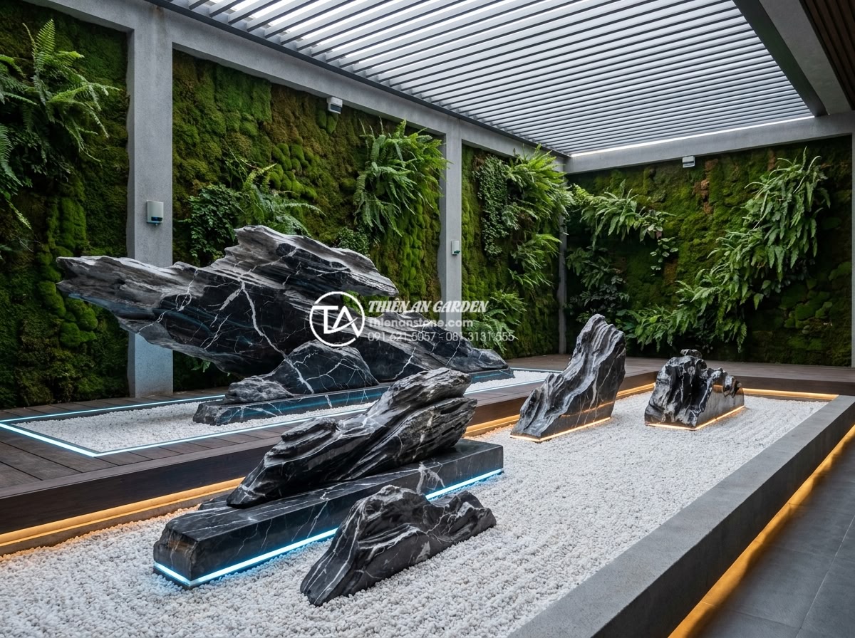 Xu hướng tiểu cảnh đá khô (Zen Garden) cho sân trước nhà phố 2026 - Futuristic concept rendering of a high-tech Zen dry garden in 2030 featuring AI-