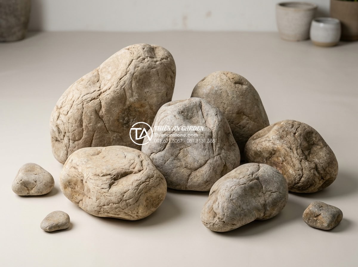 Xu hướng tiểu cảnh đá khô (Zen Garden) cho sân trước nhà phố 2026 - High-quality natural granite boulders of various sizes and organic shapes select