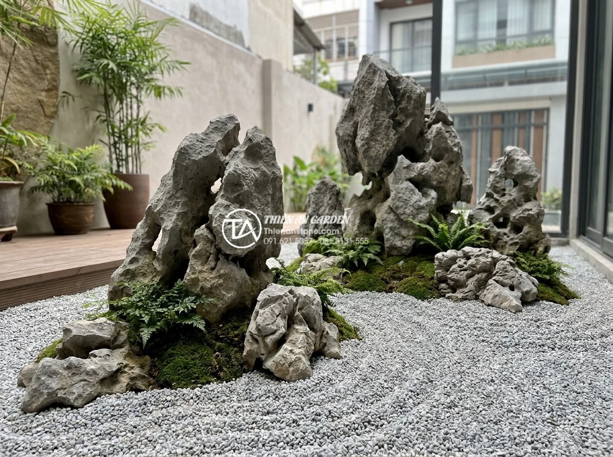 Xu hướng tiểu cảnh đá khô (Zen Garden) cho sân trước nhà phố 2026 - Professional arrangement of premium sa thạch and granite stones in a completed d