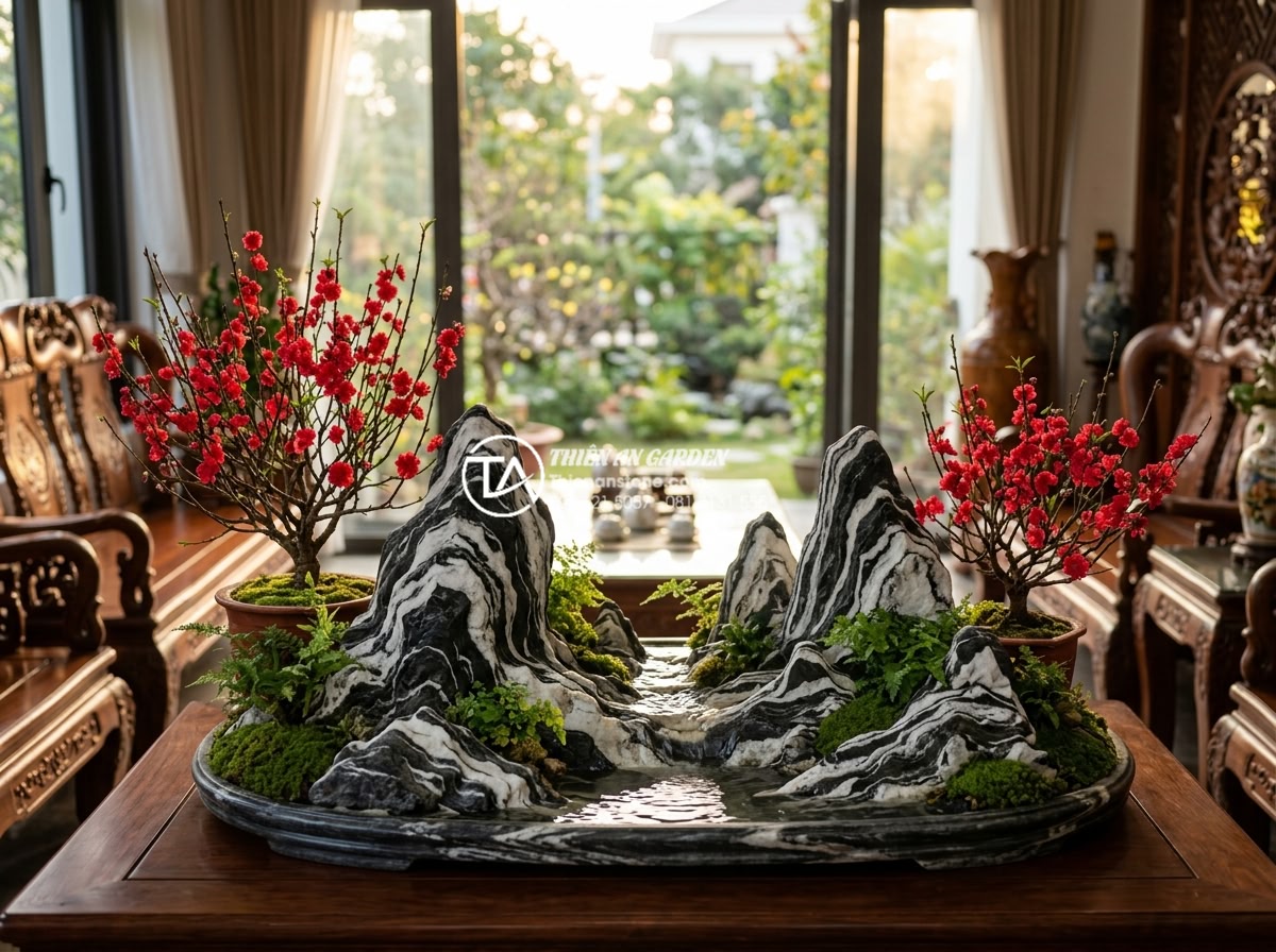 10 sai lầm nghiêm trọng khi thiết kế tiểu cảnh hoa tết bằng đá bạn cần tránh - Elegant Tet mini landscape photo showcasing perfect feng shui stone arrangement 