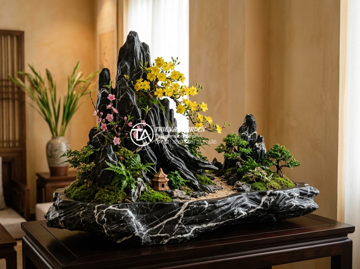 10 sai lầm nghiêm trọng khi thiết kế tiểu cảnh hoa tết bằng đá bạn cần tránh - Beautifully positioned Tet mini landscape in a well-lit Vietnamese living room c