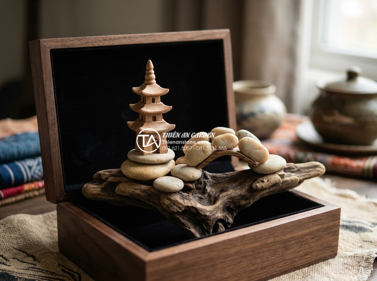 10 Ý tưởng làm quà tặng từ tiểu cảnh gỗ lũa mini độc bản - Hình 14 10 Ý tưởng làm quà tặng từ tiểu cảnh gỗ lũa mini độc bản - Detailed view of custom travel themed mini wooden and stone gift, intricate deta