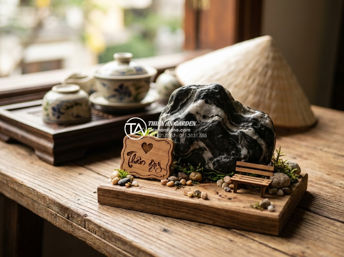 10 Ý tưởng làm quà tặng từ tiểu cảnh gỗ lũa mini độc bản - Hình 18 10 Ý tưởng làm quà tặng từ tiểu cảnh gỗ lũa mini độc bản - Close-up of romantic mini wooden and stone landscape gift for lover, engraved na