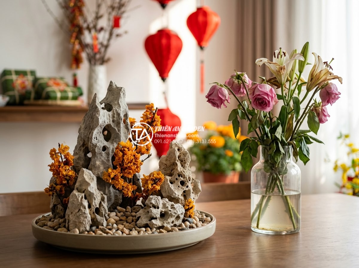 15 mẫu tiểu cảnh hoa tết khô từ đá cuội dành cho người bận rộn - Professional lifestyle photograph showing the contrast between a vibrant dry peb