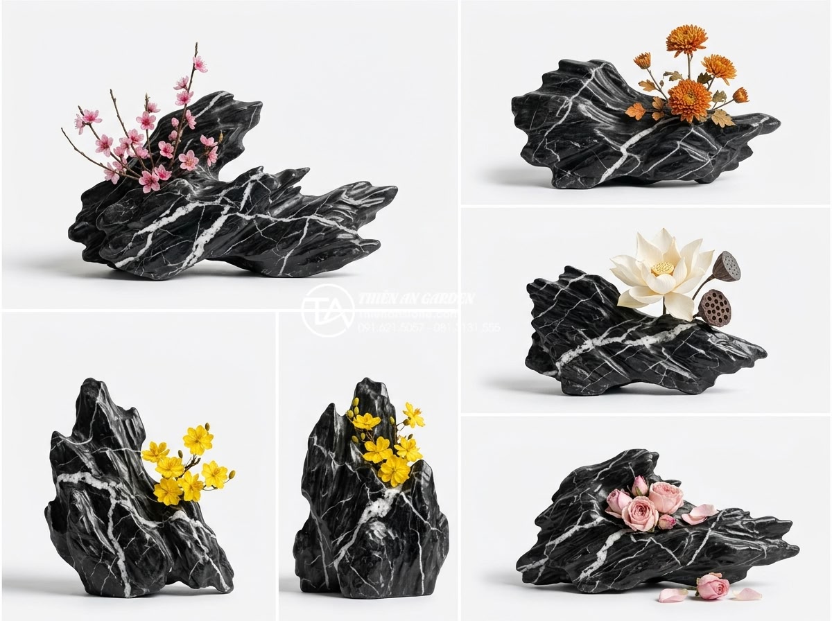 15 mẫu tiểu cảnh hoa tết khô từ đá cuội dành cho người bận rộn - Collage style high-resolution image showing five minimalist dry flower pebble Te