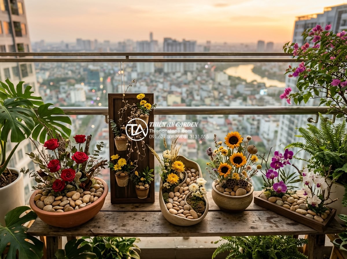 15 mẫu tiểu cảnh hoa tết khô từ đá cuội dành cho người bận rộn - Wide angle realistic photo of five outdoor-style dry flower pebble Tet landscape