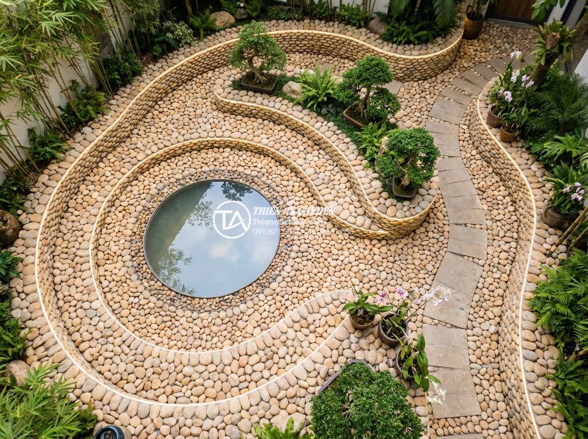 5 sai lầm tai hại khi tự làm tiểu cảnh đá cuội tại nhà bạn nên tránh - Aerial view of a perfectly balanced pebble stone landscape design in a luxury Vi