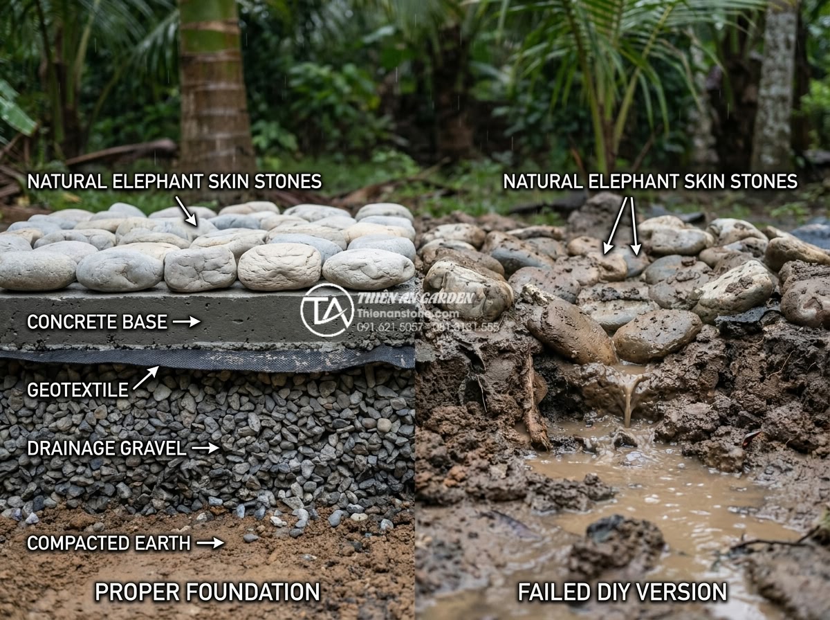 5 sai lầm tai hại khi tự làm tiểu cảnh đá cuội tại nhà bạn nên tránh - Technical cross-section diagram style photograph illustrating proper foundation 