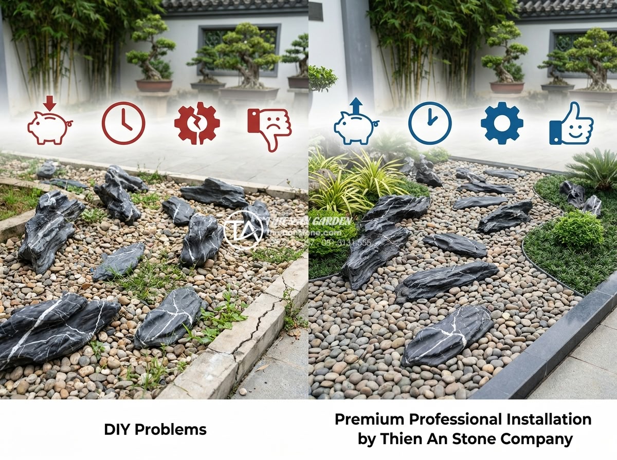5 sai lầm tai hại khi tự làm tiểu cảnh đá cuội tại nhà bạn nên tránh - Professional comparison infographic style image contrasting DIY pebble garden pr