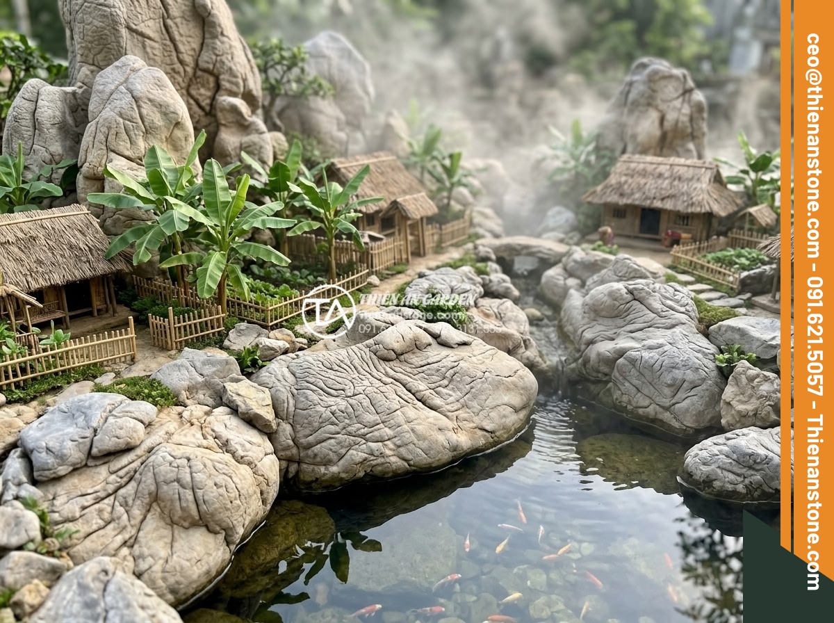 5 sai lầm thường gặp khi bố trí đá cảnh trong tiểu cảnh làng quê - A highly detailed realistic photograph of a traditional Vietnamese Northern vill
