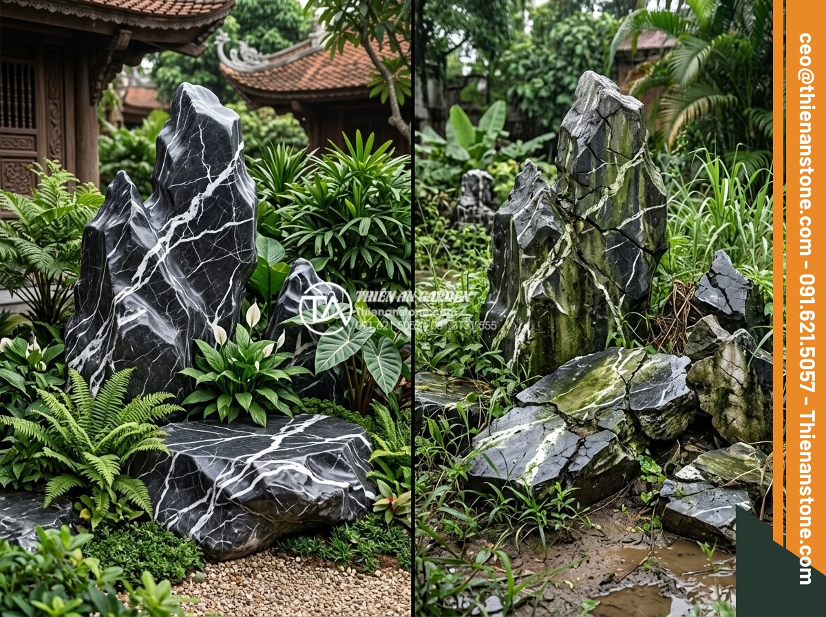 5 sai lầm thường gặp khi bố trí đá cảnh trong tiểu cảnh làng quê - High resolution comparison image showing two Vietnamese garden scenes side by si