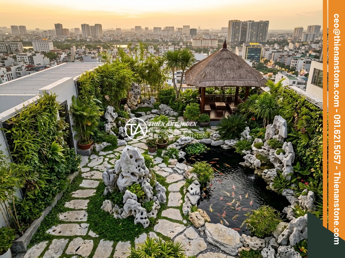5 sai lầm thường gặp khi bố trí đá cảnh trong tiểu cảnh làng quê - Modern realistic aerial view of a stylish rooftop Vietnamese rural village garde