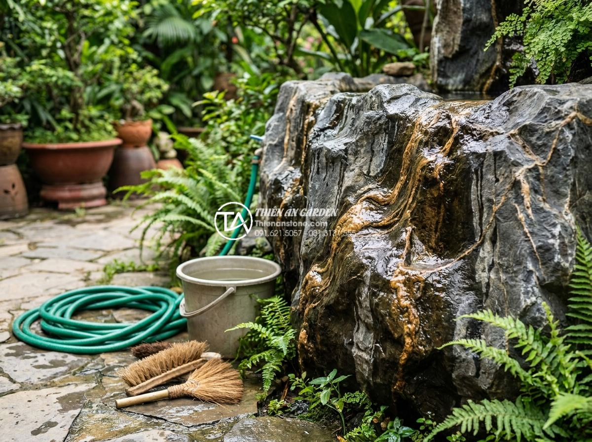 7 bí quyết sắp xếp đá cuội tự nhiên để có tiểu cảnh đẹp như tranh - Hình 15 7 bí quyết sắp xếp đá cuội tự nhiên để có tiểu cảnh đẹp như tranh - Maintenance process of cleaning natural pebble stone garden feature