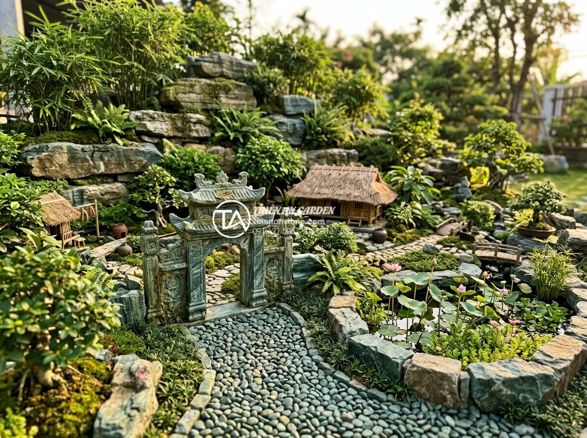 7 yếu tố cốt lõi tạo nên linh hồn của tiểu cảnh làng quê Bắc Bộ - Wide angle realistic photograph of a beautifully structured miniature Northern V