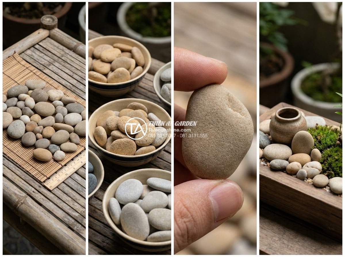 Báo giá đá cuội làm tiểu cảnh mới nhất 2026: Sỉ và lẻ toàn quốc - Step-by-step guide visuals for selecting quality pebble stones based on size, co