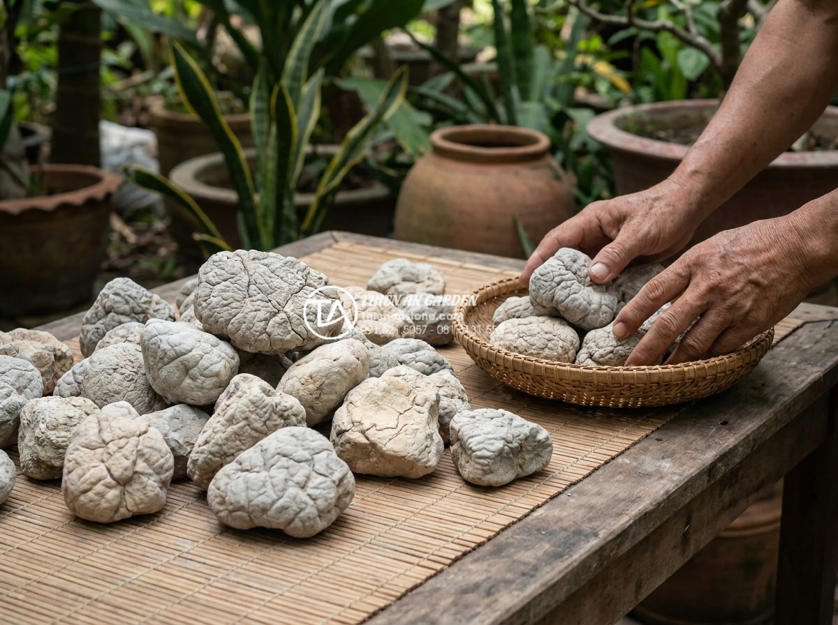 Báo giá đá cuội làm tiểu cảnh mới nhất 2026: Sỉ và lẻ toàn quốc - Expert hands examining and sorting pebble stones according to selection criteria