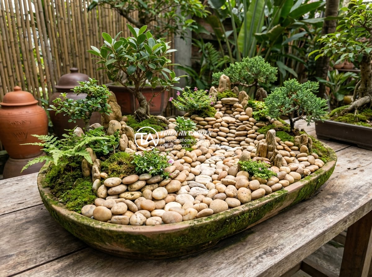 Báo giá đá cuội làm tiểu cảnh mới nhất 2026: Sỉ và lẻ toàn quốc - Long-lasting well-maintained pebble stone miniature landscape after years of use