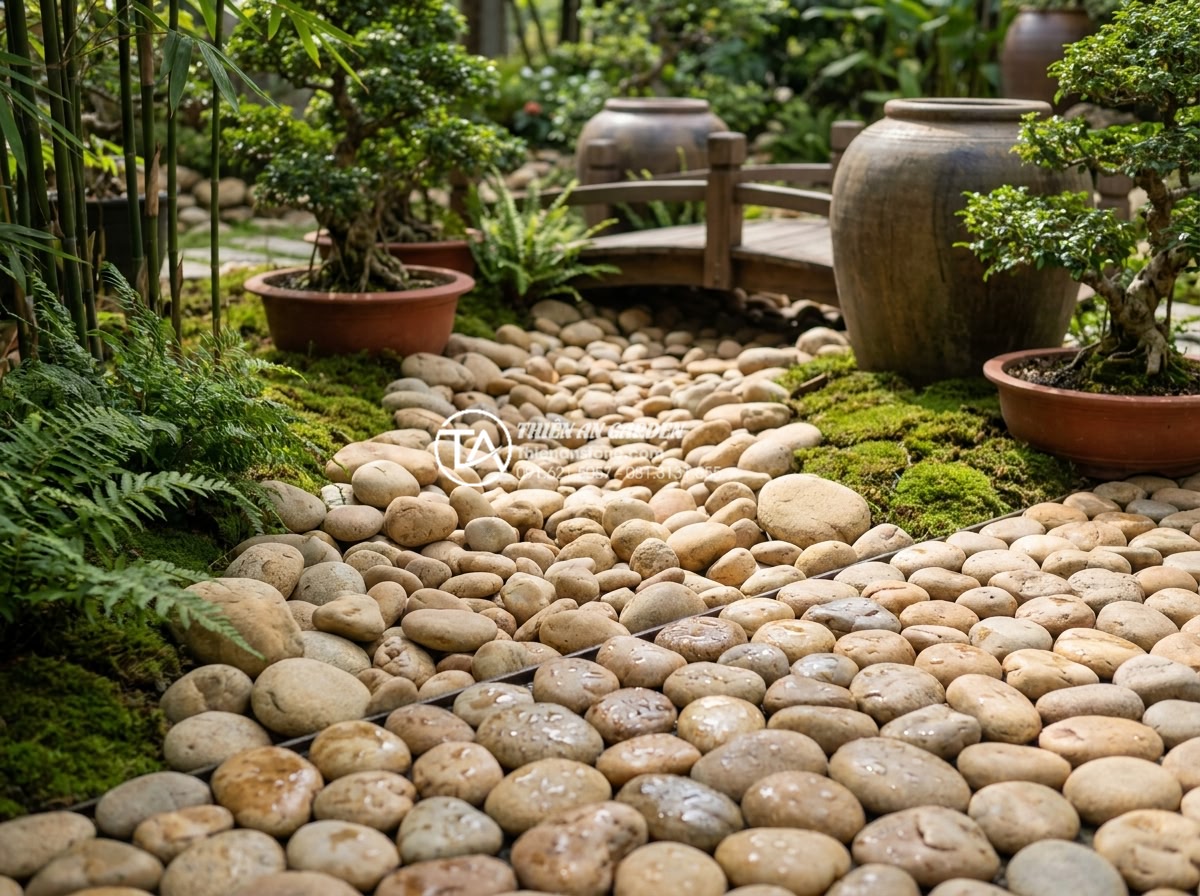 Báo giá đá cuội làm tiểu cảnh mới nhất 2026: Sỉ và lẻ toàn quốc - Detailed benefits infographic style visualization of pebble stones advantages in