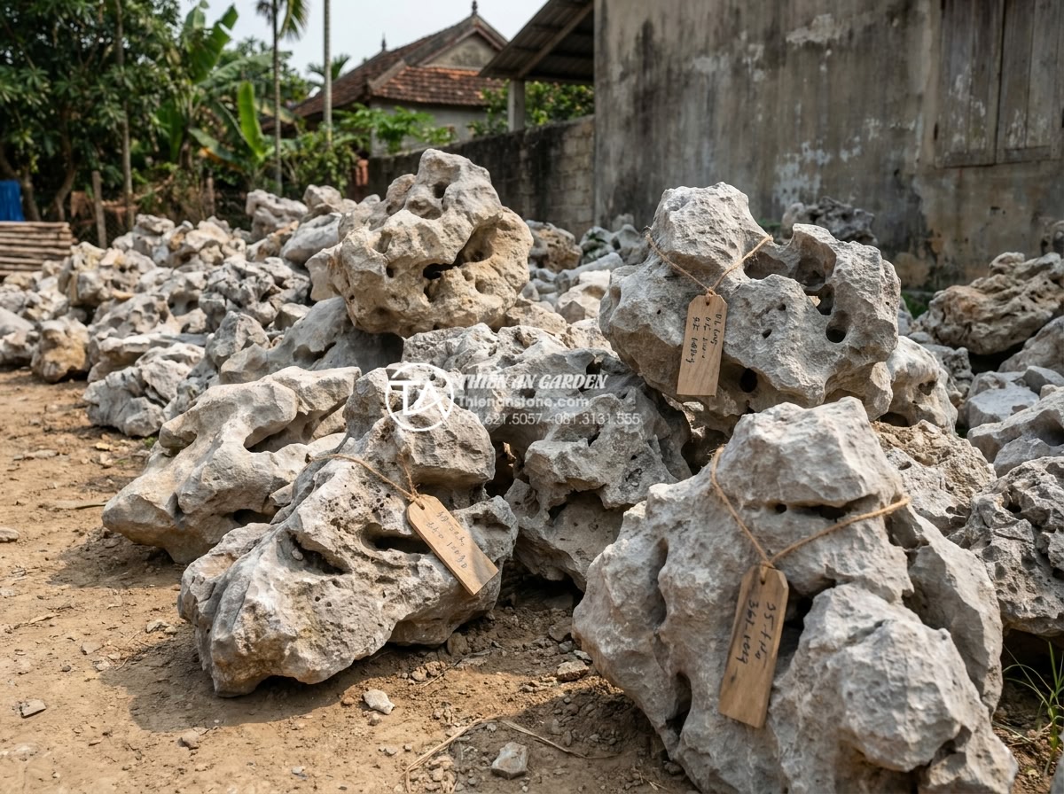 Báo giá đá cuội làm tiểu cảnh mới nhất 2026: Sỉ và lẻ toàn quốc - Customer receiving bulk pebble stone delivery with price tags visible for 2026 l