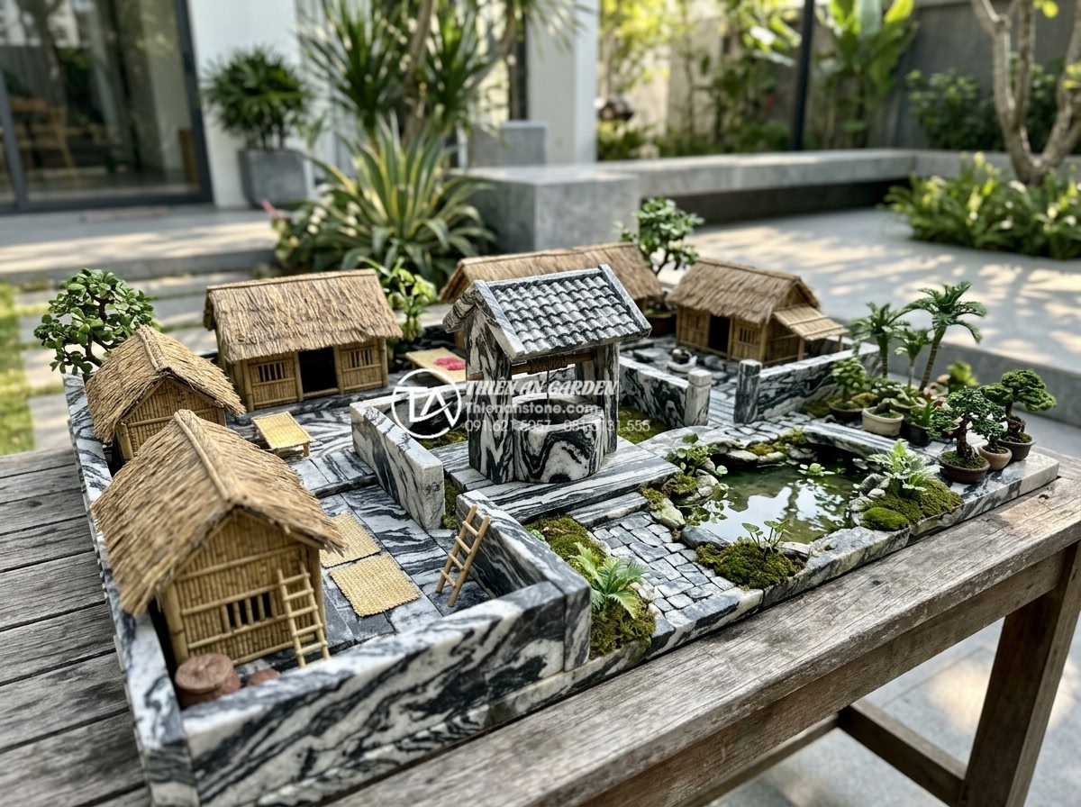 Báo giá thi công tiểu cảnh làng quê Bắc Bộ trọn gói mới nhất 2026 - Detailed view of a traditional Northern Vietnamese village scene miniature lands