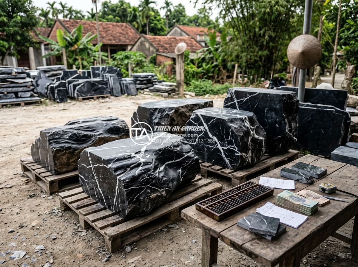 Báo giá thi công tiểu cảnh làng quê Bắc Bộ trọn gói mới nhất 2026 - Realistic photo of stone selection process and pricing calculation for custom No