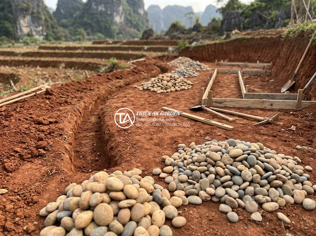 Báo giá thi công tiểu cảnh làng quê Bắc Bộ trọn gói mới nhất 2026 - Step by step professional construction process photos of building a stone villag
