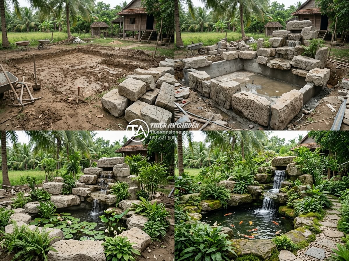 Báo giá thi công tiểu cảnh làng quê Bắc Bộ trọn gói mới nhất 2026 - Time-lapse style image of full professional installation sequence for rural ston
