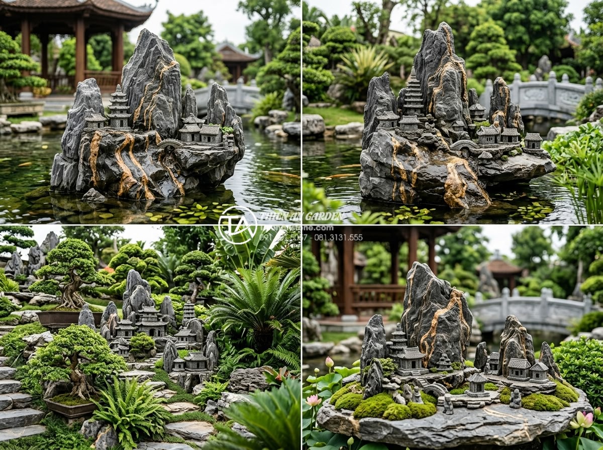 Báo giá thi công tiểu cảnh làng quê Bắc Bộ trọn gói mới nhất 2026 - Multiple high quality photos of various custom designed stone village scenes in 