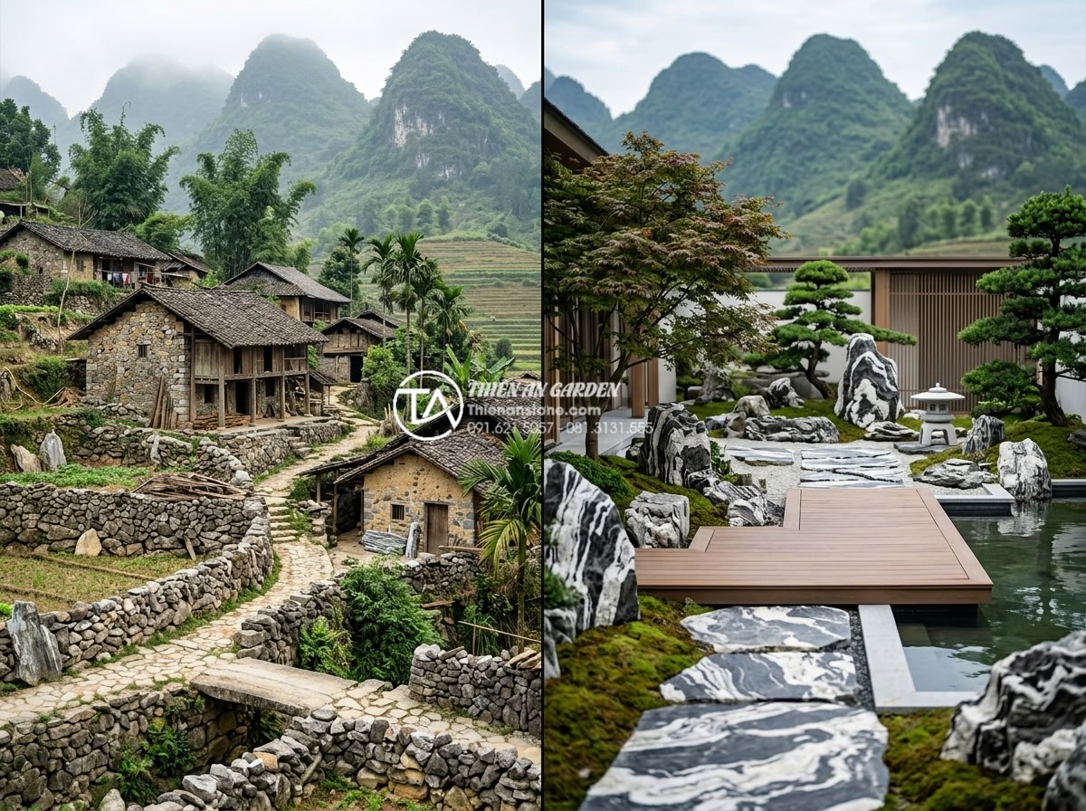 Báo giá thi công tiểu cảnh làng quê Bắc Bộ trọn gói mới nhất 2026 - Side by side comparison chart of costs between Northern Vietnam stone village sc