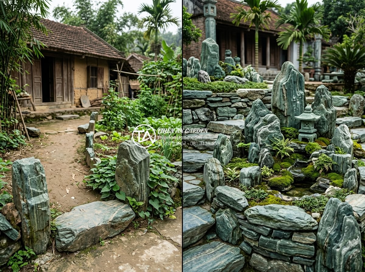 Báo giá thi công tiểu cảnh làng quê Bắc Bộ trọn gói mới nhất 2026 - Visual comparison of different landscape styles highlighting stone village cost 