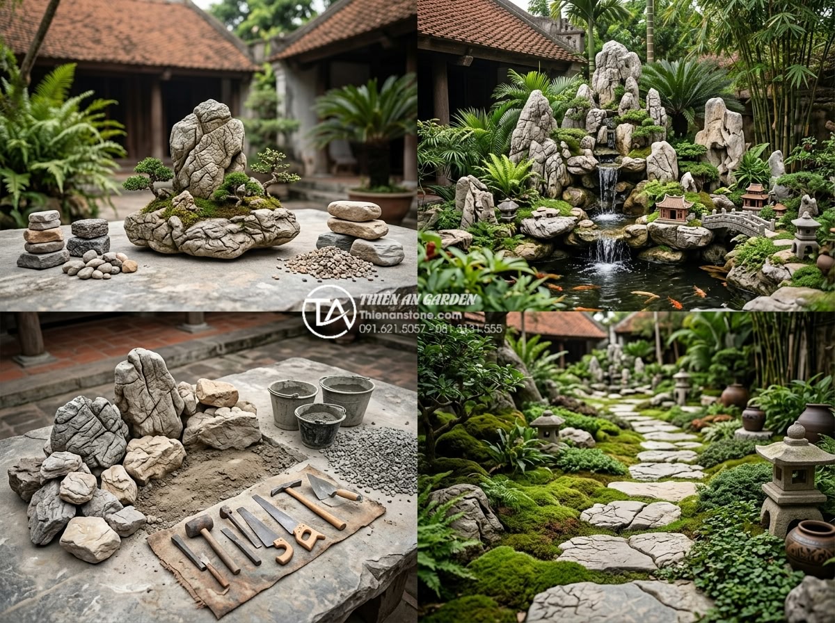 Báo giá thi công tiểu cảnh làng quê Bắc Bộ trọn gói mới nhất 2026 - FAQ section visual with questions and answers about stone village landscape pric