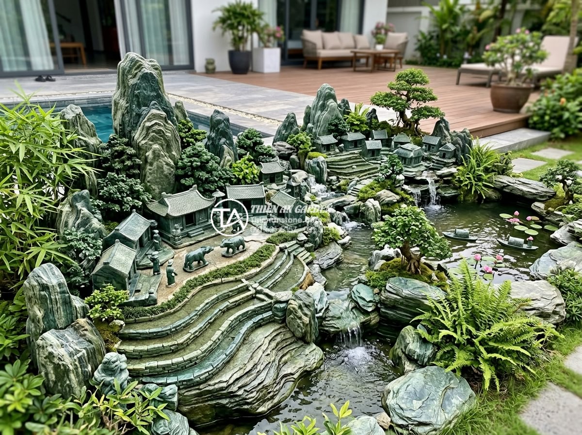 Báo giá thi công tiểu cảnh làng quê Bắc Bộ trọn gói mới nhất 2026 - Wide angle shot of a complete Northern Vietnam rural village miniature stone lan